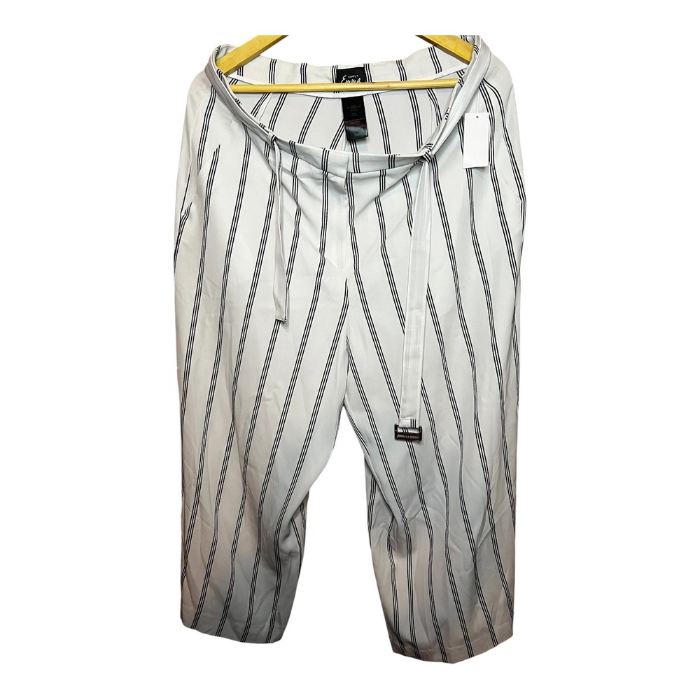 Simply Emma Womens Plus Size 20W Belted Stripe Pant White Black Wide Leg Cropped